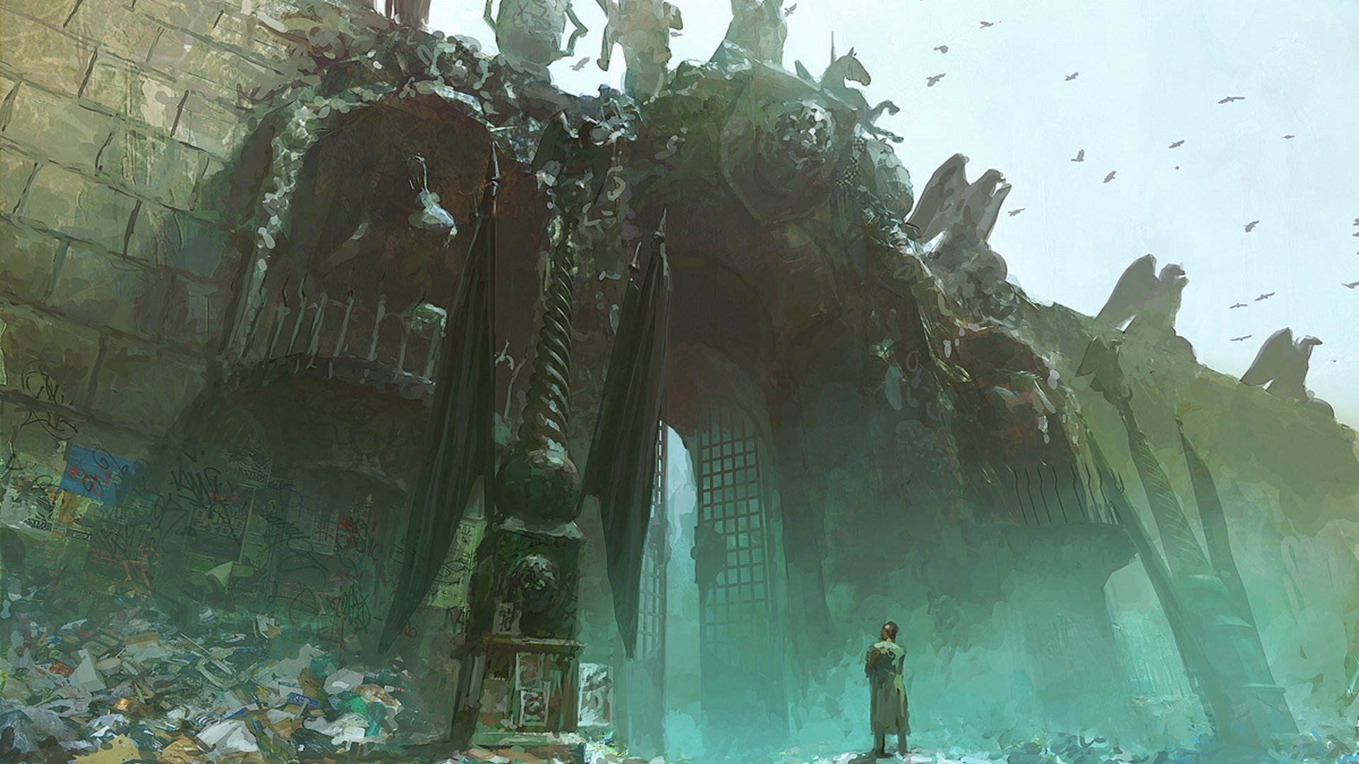 A majestic, crumbling castle towers over a lone figure amidst a misty landscape, evoking a vivid fantasy world in this stunning HD desktop wallpaper.