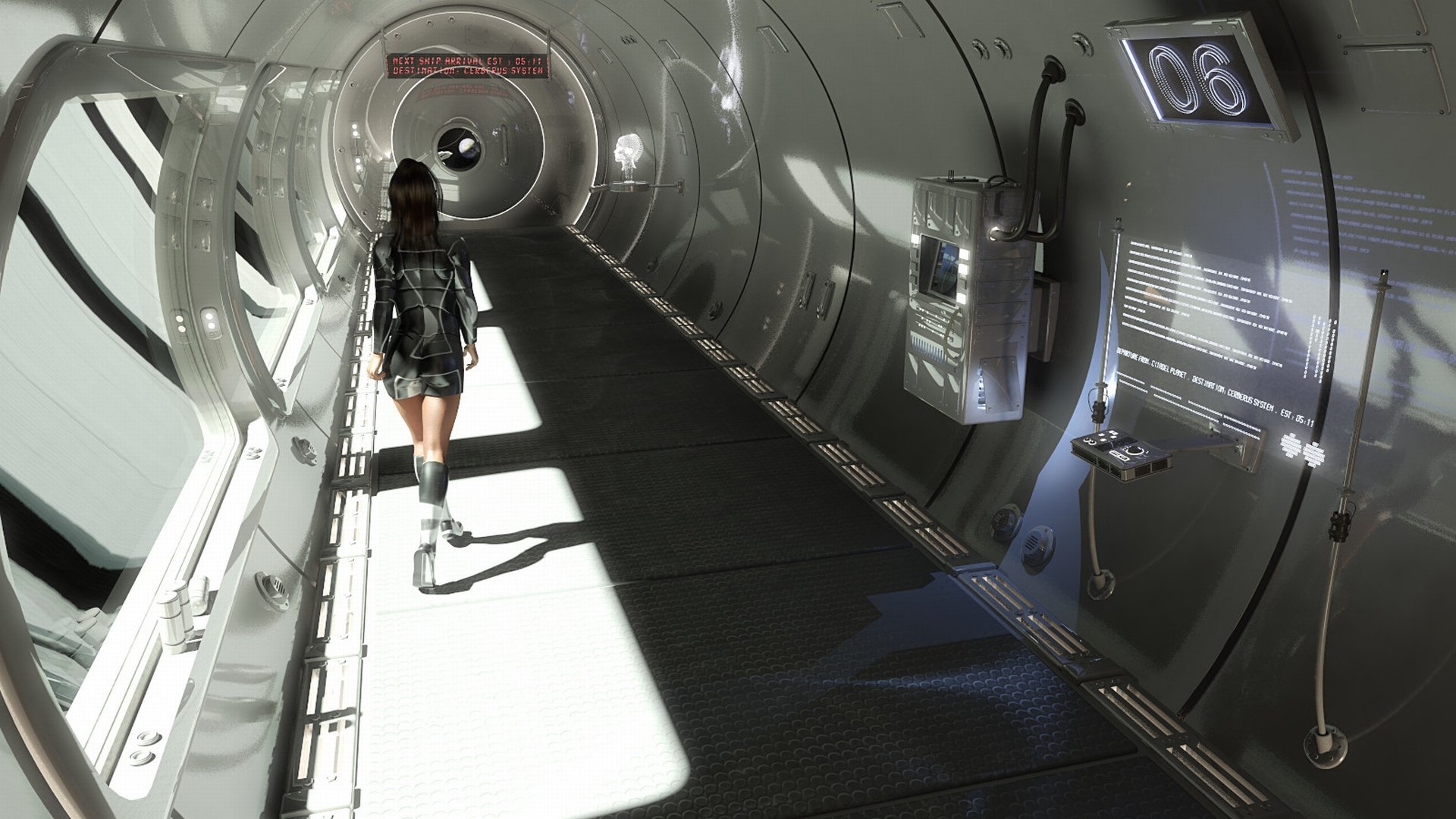 A character walks through a futuristic corridor in a sleek, sci-fi setting from the Mass Effect video game, showcasing a detailed HD wallpaper background.