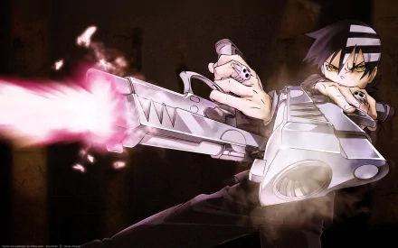 HD wallpaper featuring Death the Kid from the anime Soul Eater. He is in a dynamic pose, dual-wielding guns with a serious expression, set against a dark background.