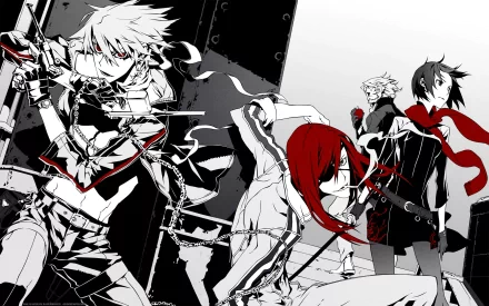 HD anime desktop wallpaper featuring dynamic characters from Dogs: Bullets & Carnage in a monochrome and red color palette with intense action poses.