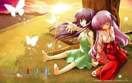 HD anime desktop wallpaper featuring Furude Hanyū and Furude Rika from Higurashi When They Cry, sitting together under a tree with glowing butterflies at sunset.