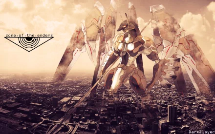 Video game Zone of the Enders HD PC desktop wallpaper: towering mecha with wing-like blades and a glowing core looms over a sprawling city beneath a golden sky.