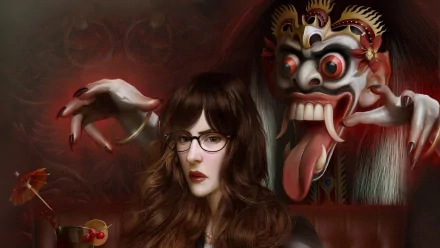 HD PC desktop wallpaper featuring a fantasy horror scene with a woman wearing glasses and a menacing, monstrous face looming behind her.