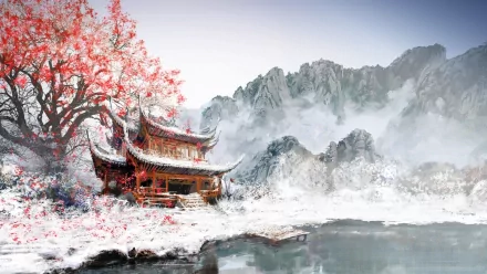 HD wallpaper of a fantasy oriental winter scene featuring sakura blossoms, a traditional structure beside a tranquil lake, and towering mountains in the background.