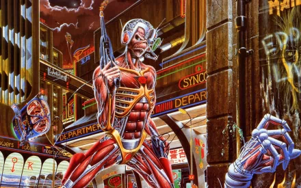 A vibrant Iron Maiden-themed HD desktop wallpaper featuring a futuristic, skeletal figure in a bustling cityscape, encapsulating the band's iconic art style and energy.