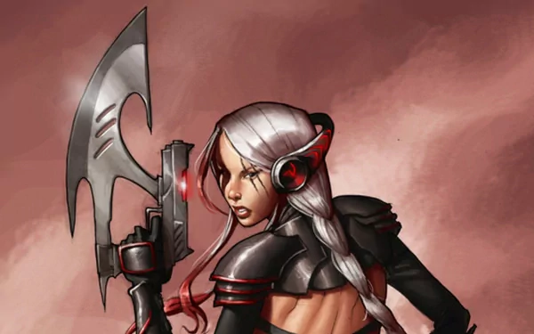HD PC desktop wallpaper: fantasy woman warrior with braided silver hair, exposed back and shoulder armor, red-lit headset and eye, gripping a large bladed axe against a smoky red background.