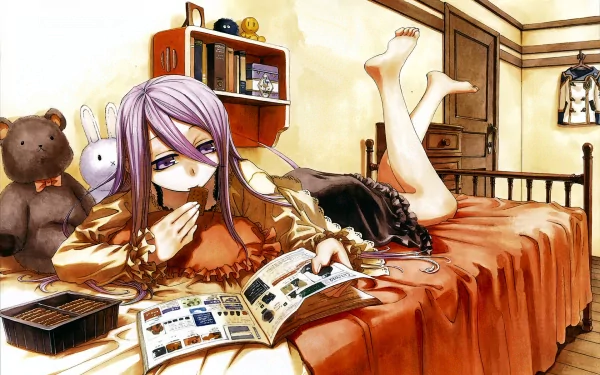 Felli Loss from Chrome Shelled Regios relaxing on a bed, reading a book in a cozy, warmly lit room, depicted in anime style HD PC desktop wallpaper.