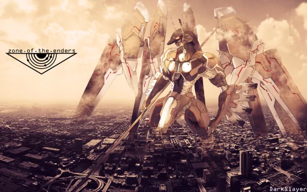 Video game Zone of the Enders HD PC desktop wallpaper: towering mecha with wing-like blades and a glowing core looms over a sprawling city beneath a golden sky.