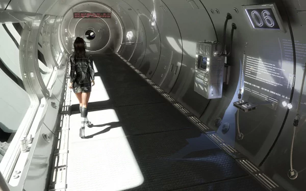 A character walks through a futuristic corridor in a sleek, sci-fi setting from the Mass Effect video game, showcasing a detailed HD wallpaper background.