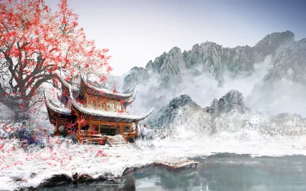 HD wallpaper of a fantasy oriental winter scene featuring sakura blossoms, a traditional structure beside a tranquil lake, and towering mountains in the background.
