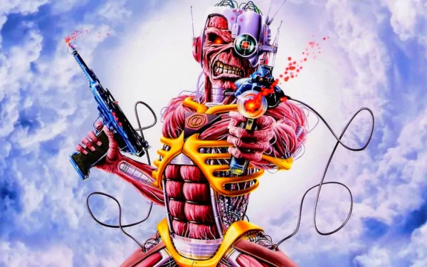 HD desktop wallpaper of Iron Maiden, featuring a futuristic and cyborg-like character amidst a clouded background.