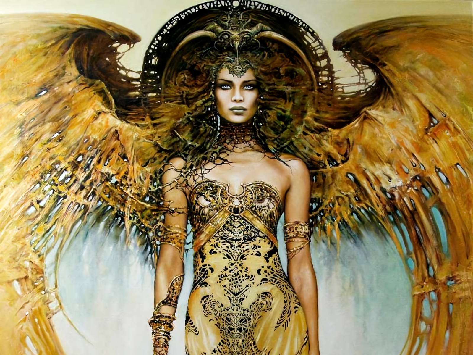 Golden Goddess desktop wallpaper depicting a majestic fantasy god.