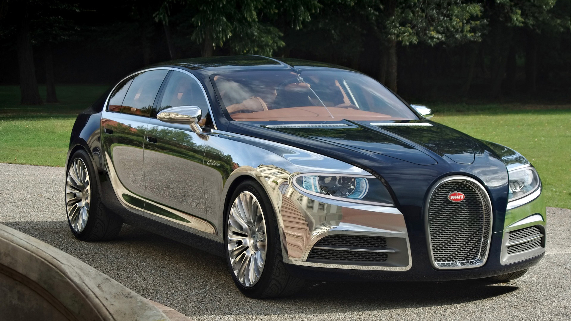 Bugatti luxury sports car speeding on a scenic road.