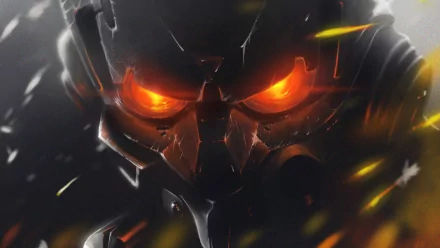 HD PC desktop wallpaper featuring a fiery, menacing helmet from the video game Killzone 3, showcasing intense orange eyes and a dark, armored design.