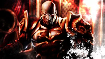 HD desktop wallpaper featuring a bold and intense character from the video game God of War II, clad in detailed armor with a fierce expression, set against a fiery and dynamic background.