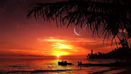 HD PC desktop wallpaper featuring a dreamy sunset over the ocean with silhouetted palm trees, a boat, and a crescent moon in a serene natural setting.