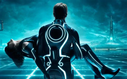 A dramatic HD wallpaper from *TRON: Legacy*, featuring a figure holding a companion against a futuristic, glowing grid backdrop, highlighting the film's striking visual style.