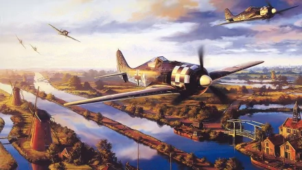 A vibrant HD desktop wallpaper featuring military aircraft soaring over a picturesque landscape, with rivers and fields under a dramatic sky.