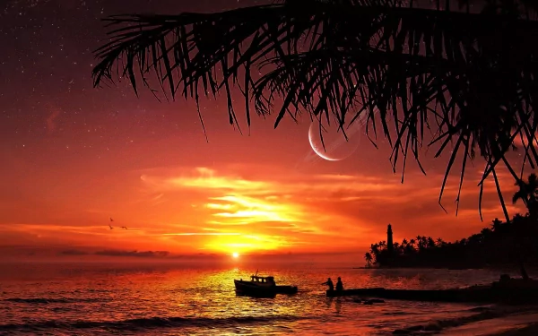 HD PC desktop wallpaper featuring a dreamy sunset over the ocean with silhouetted palm trees, a boat, and a crescent moon in a serene natural setting.