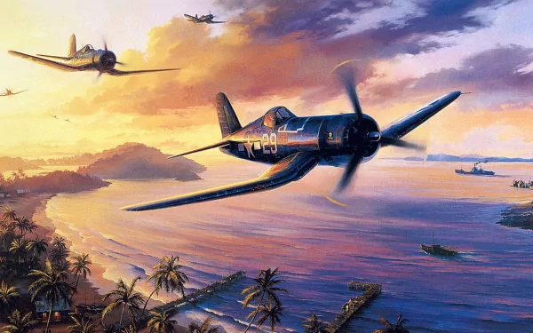 HD PC desktop wallpaper depicting military aircraft flying over a tropical coastline at sunset with naval ships in the distance.