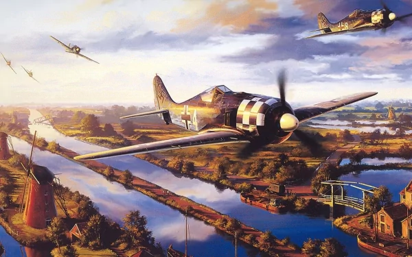 A vibrant HD desktop wallpaper featuring military aircraft soaring over a picturesque landscape, with rivers and fields under a dramatic sky.