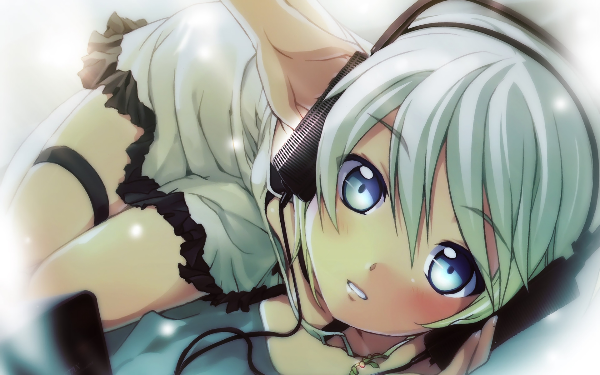 Anime girl wearing headphones with a vibrant desktop wallpaper background.