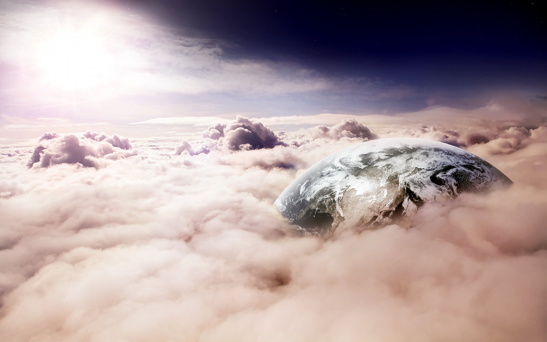 A stunning HD wallpaper depicting a sci-fi scene of a planet emerging from a sea of clouds, illuminated by a soft light from above.