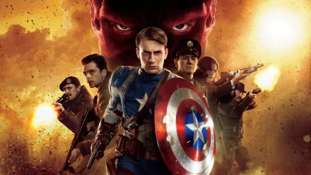 HD wallpaper featuring Captain America and Red Skull from Captain America: The First Avenger, showcasing intense action against a fiery backdrop.