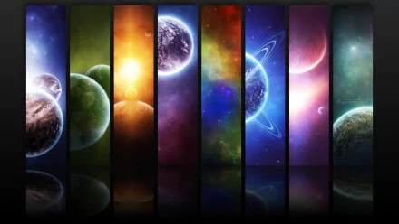 A vibrant collection of colorful sci-fi planets, radiating a cosmic beauty. This HD desktop wallpaper offers a stunning visual backdrop for any space enthusiast.