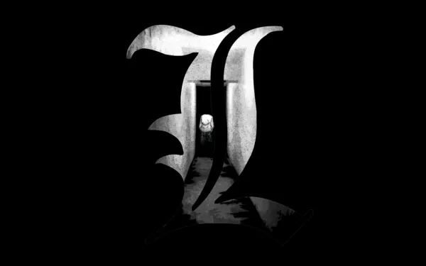 HD desktop wallpaper of L from the anime Death Note, featuring a stylized grayscale graphic of the character's initial on a black background.