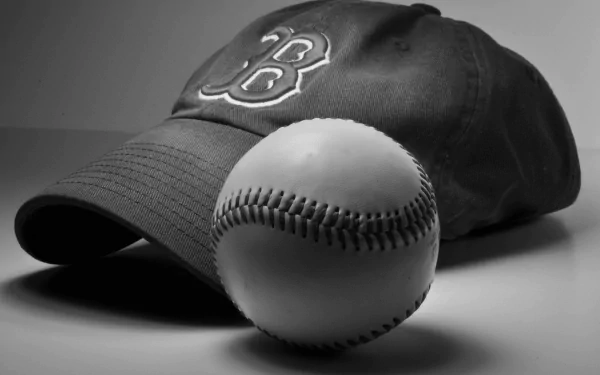 Boston Red Sox cap and baseball on a gray surface, sports-themed 4K Ultra HD PC desktop wallpaper background.