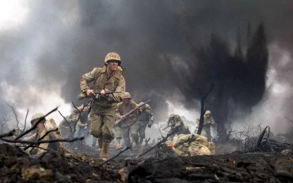 Dramatic 4K Ultra HD wallpaper from the TV show The Pacific (2010), depicting soldiers advancing through a smoky, war-torn battlefield.