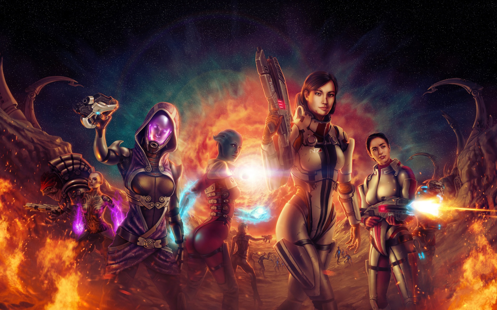 Mass Effect 3 video game characters including Tali'Zorah, Liara T'Soni, Jack, and Garrus Vakarian gathered in a striking desktop wallpaper.