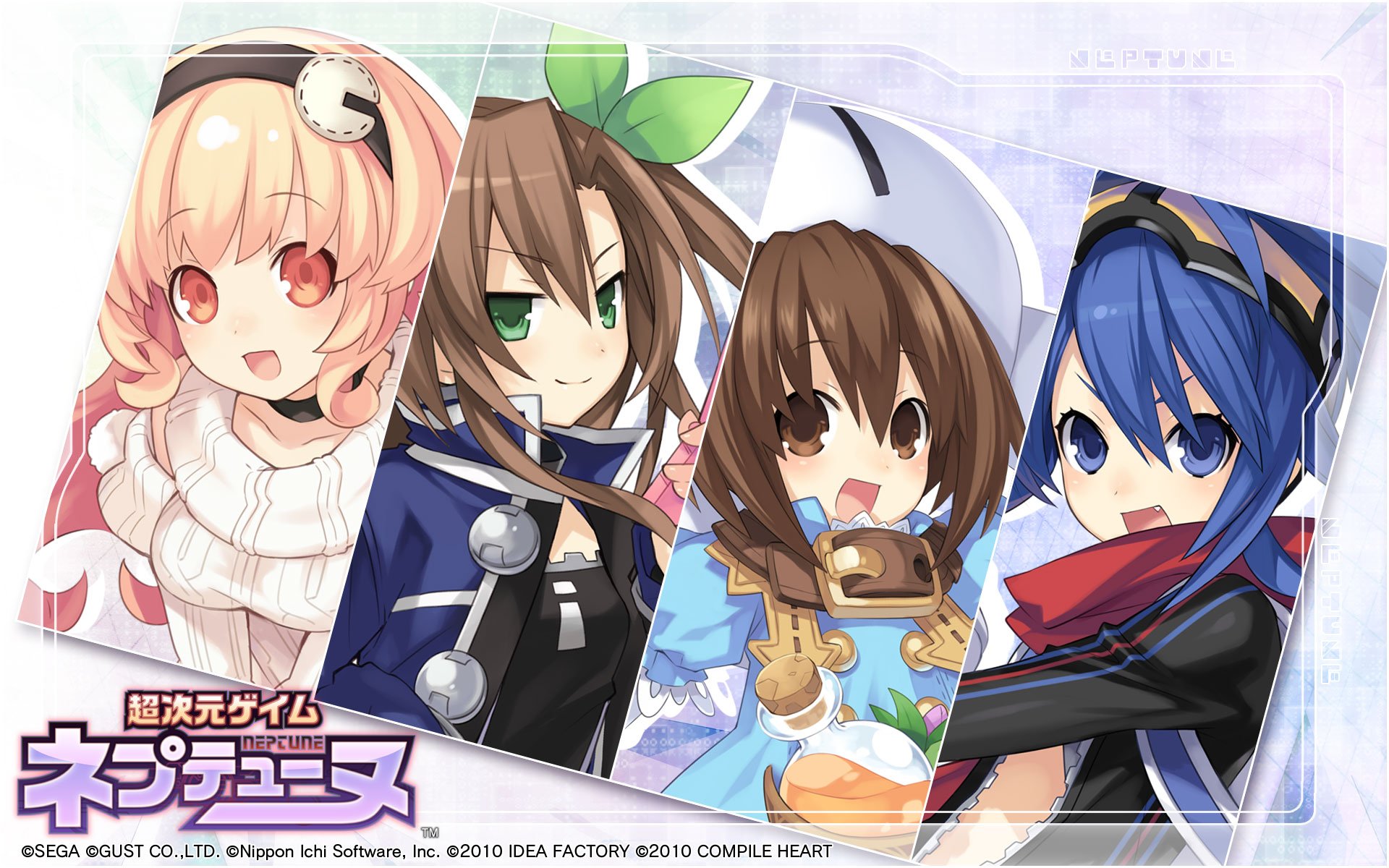 HD PC desktop wallpaper/background for the video game Hyperdimension Neptunia featuring four colorful anime-style heroines posing against a soft pastel backdrop.