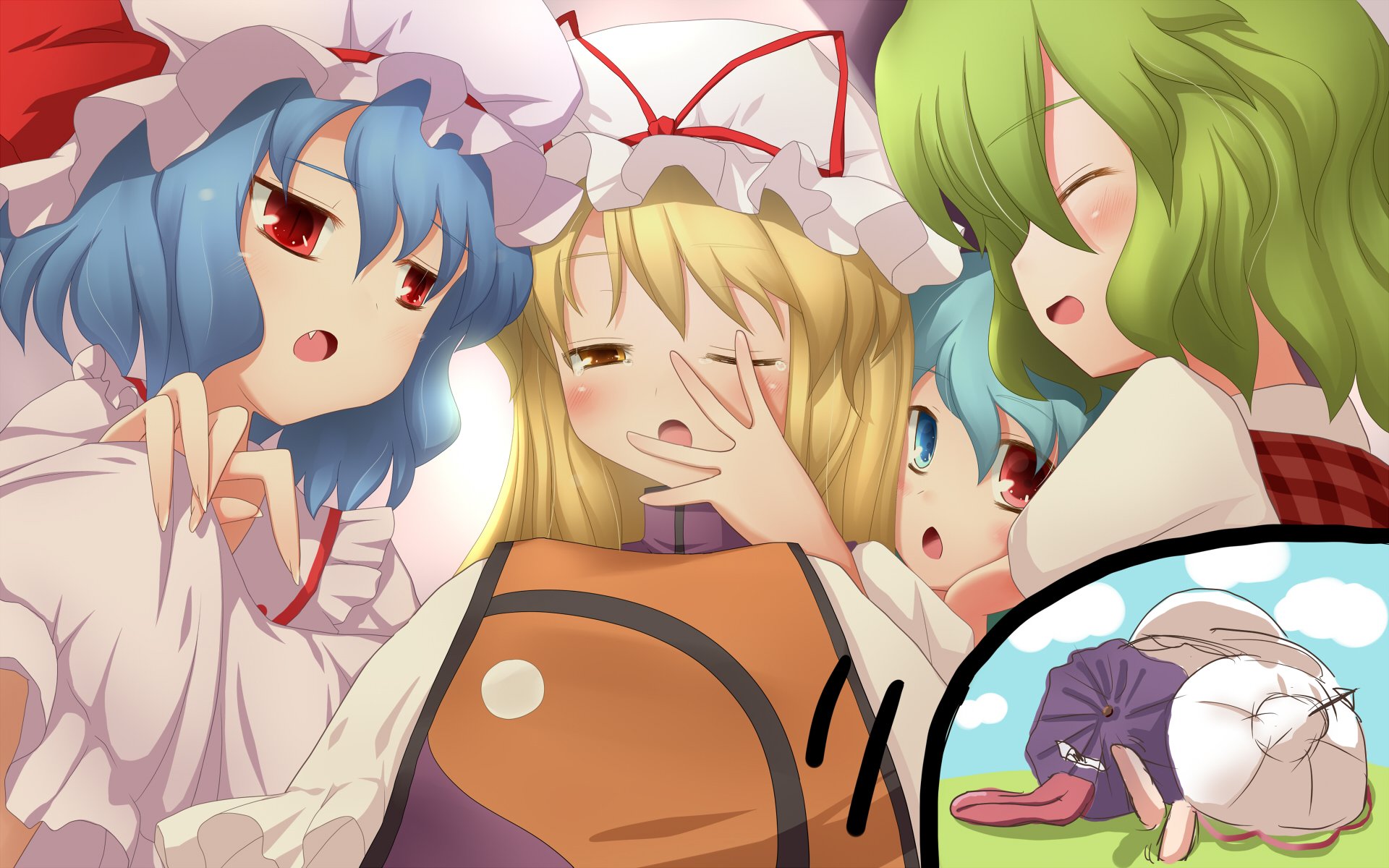 HD PC desktop wallpaper of Touhou characters Yukari Yakumo, Yuuka Kazami, Kogasa Tatara and Remilia Scarlet lounging together in soft pastels, with a small curled figure shown in an inset.