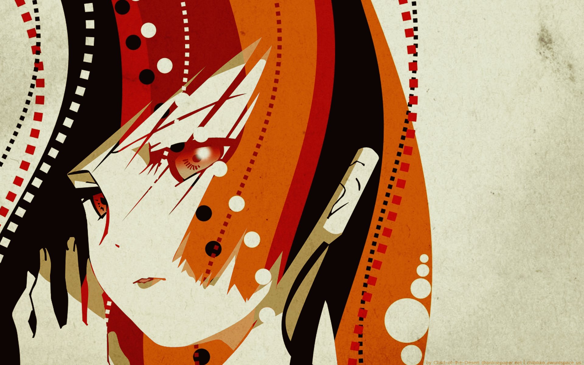 HD PC desktop wallpaper featuring a stylized anime character from Jigoku Shōjo, with bold red, black, and white graphic elements and a minimalist background.