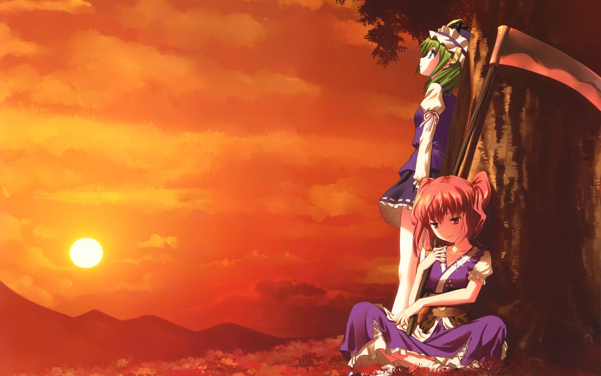 HD anime desktop wallpaper featuring Shikieiki Yamaxanadu and Komachi Onozuka from Touhou, set against a vivid orange sunset with a large tree and distant mountains.