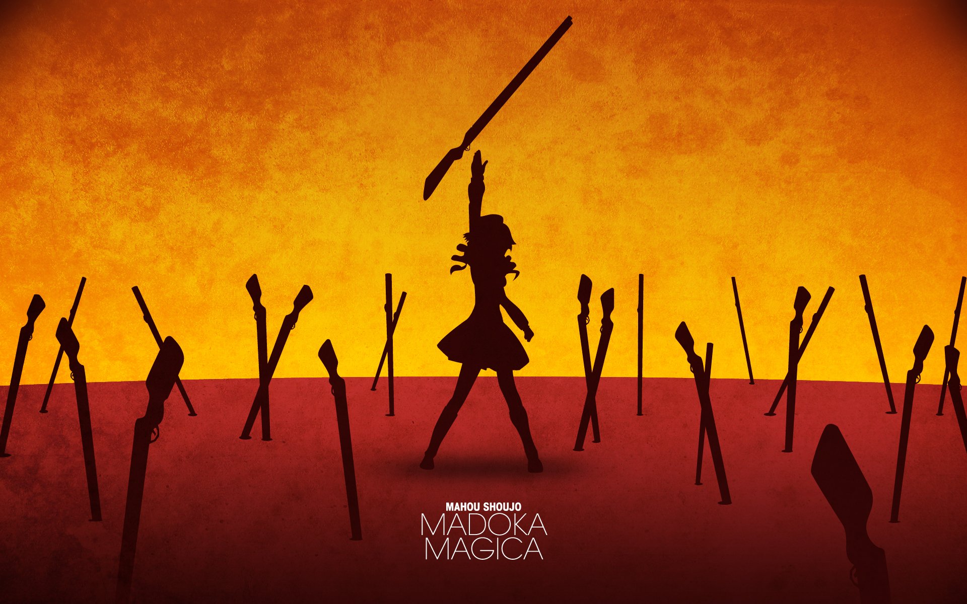 HD anime desktop wallpaper featuring Mami Tomoe from Puella Magi Madoka Magica silhouetted against an orange sky, surrounded by her muskets.