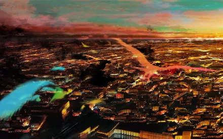 HD anime cityscape at sunset, showcasing a sprawling urban environment with vibrant lighting, captured as a detailed PC desktop wallpaper background.