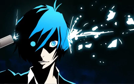 HD PC desktop wallpaper featuring a striking, stylized character from the video game Persona 3 with vivid blue and black tones and dynamic shattered glass effects.