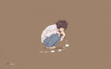 A detailed HD desktop wallpaper featuring a character from the anime Death Note, crouching thoughtfully beside scattered tea cups against a muted brown background.