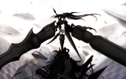 HD wallpaper featuring Insane Black Rock Shooter, an anime character wielding massive weapons amidst a dynamic, chaotic background. The image captures a striking and powerful visual.