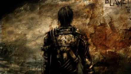 A dramatic HD wallpaper featuring a lone figure in a rugged, post-apocalyptic landscape, embodying gothic fantasy elements inspired by the anime Blame!.
