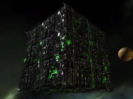 HD Sci Fi desktop wallpaper featuring a detailed Borg cube from Star Trek, set against a dark space backdrop with a distant planet.