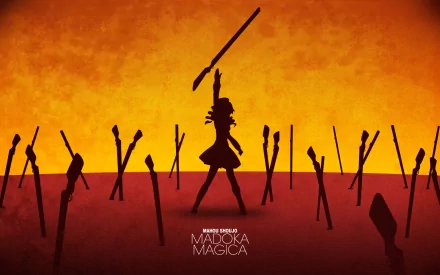 HD anime desktop wallpaper featuring Mami Tomoe from Puella Magi Madoka Magica silhouetted against an orange sky, surrounded by her muskets.