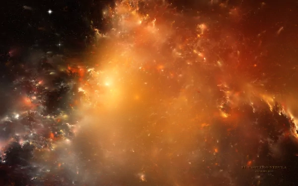 HD Sci-Fi desktop wallpaper featuring a vibrant nebula with rich hues of orange, yellow, and red blending into dark space, creating a dramatic cosmic scene.