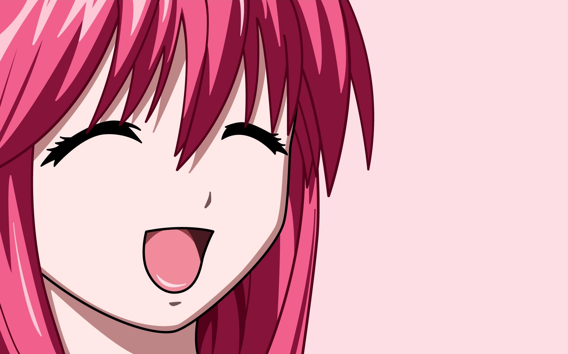 Elfen Lied character, Lucy, surrounded by vibrant anime artwork for desktop wallpaper.