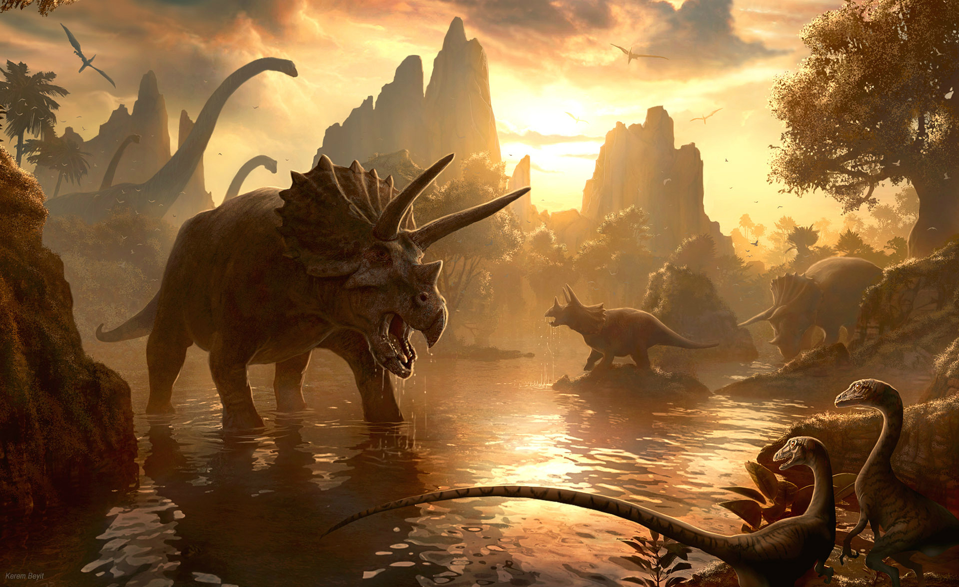 Majestic triceratops and brachiosaurus roam in prehistoric landscape.