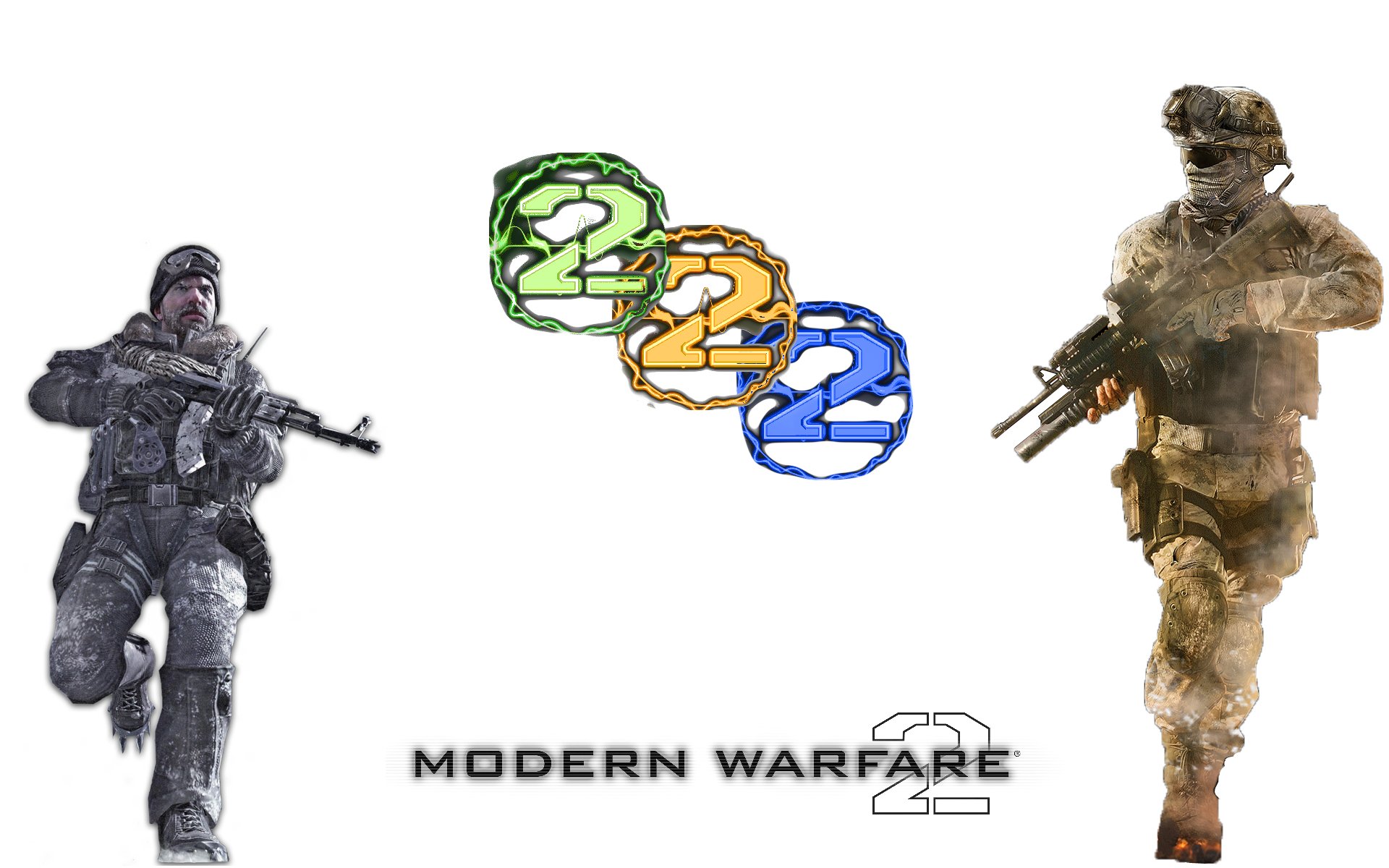 Call of Duty: Modern Warfare 2 HD PC wallpaper: two armed soldiers flank the Modern Warfare 2 logo with green, orange and blue overlapping 2 emblems on a white background.
