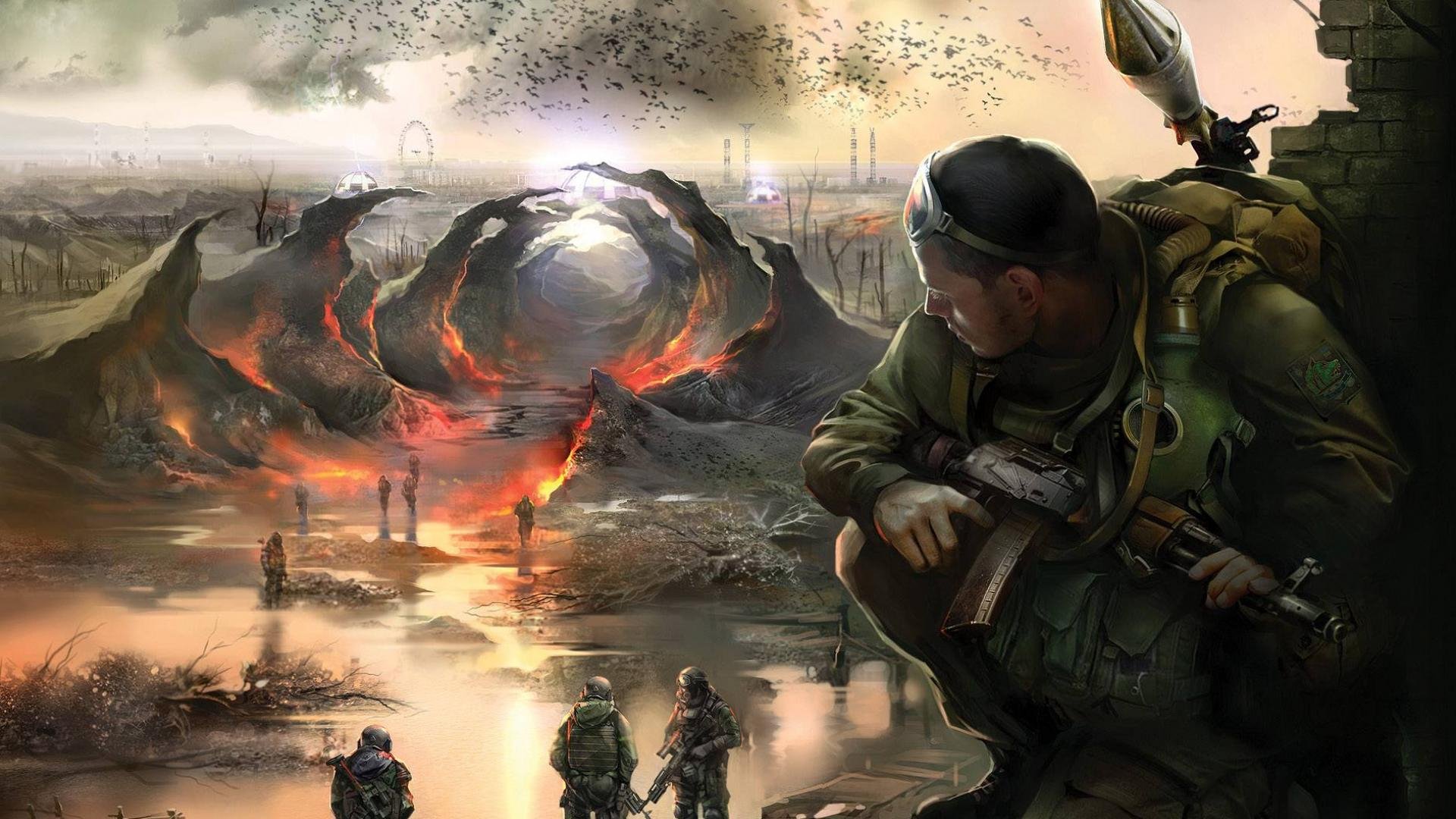 HD PC desktop wallpaper featuring a tense scene from the video game S.T.A.L.K.E.R., showing armed characters in a post-apocalyptic landscape with fiery anomalies.